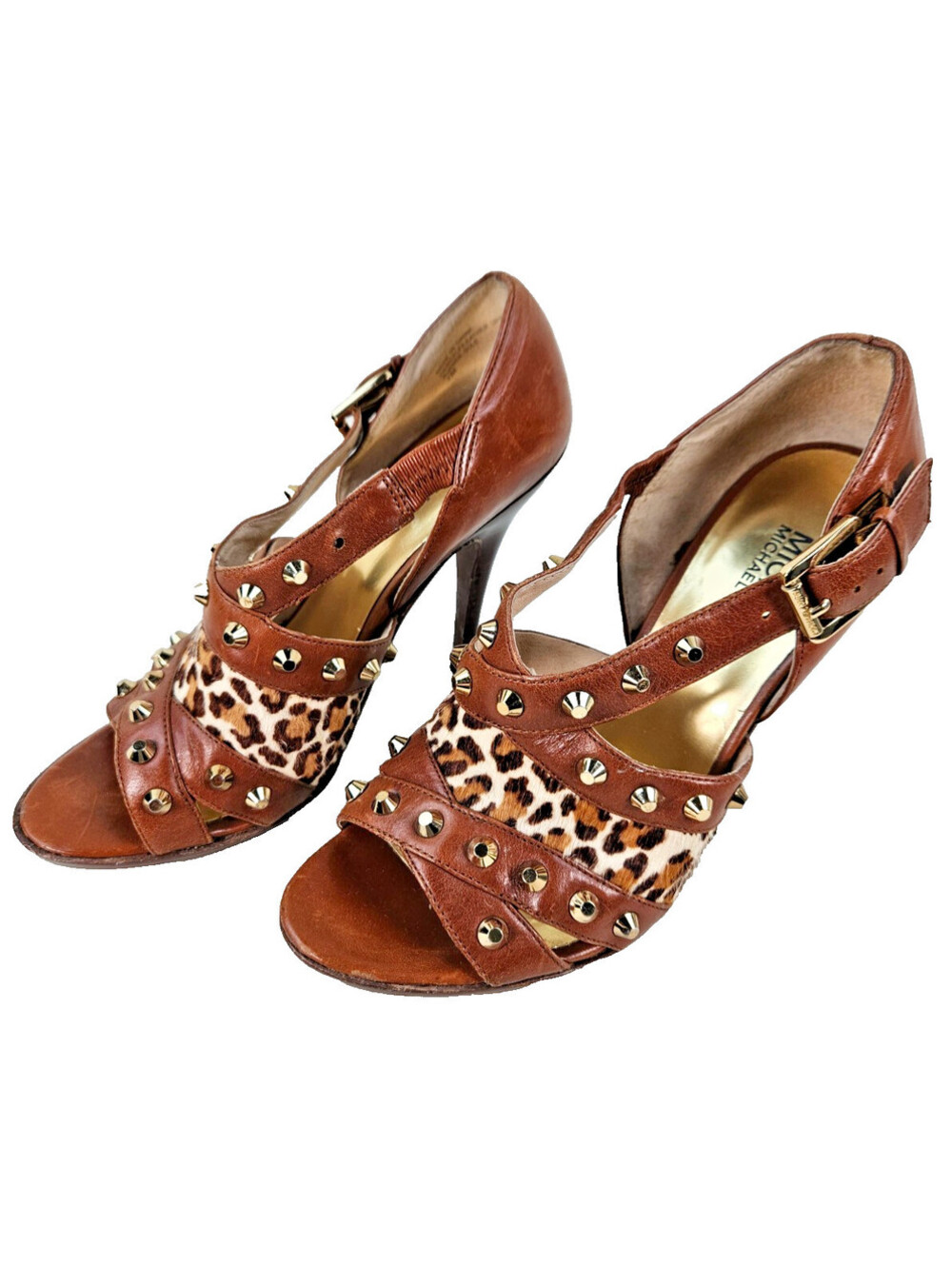Michael Kors brown leather, leopard print & gold pyramid studed high-heel shoes